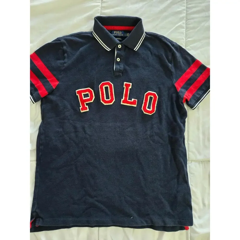 Polo Ralph Lauren Men's Bulldog New York Custom Slim Fit Polo Red Navy Large